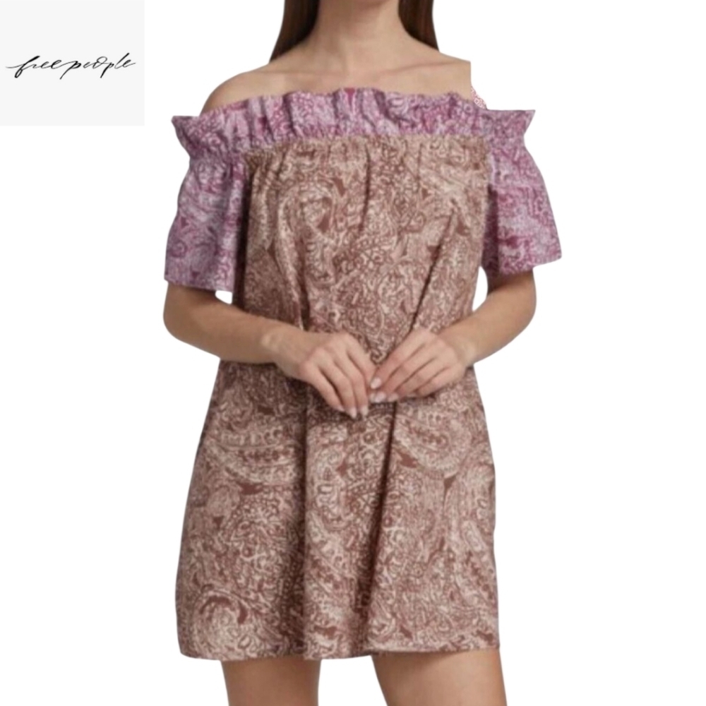 Free People Sophie Off The Shoulder Printed Mini Dress XS - Picture 3 of 6